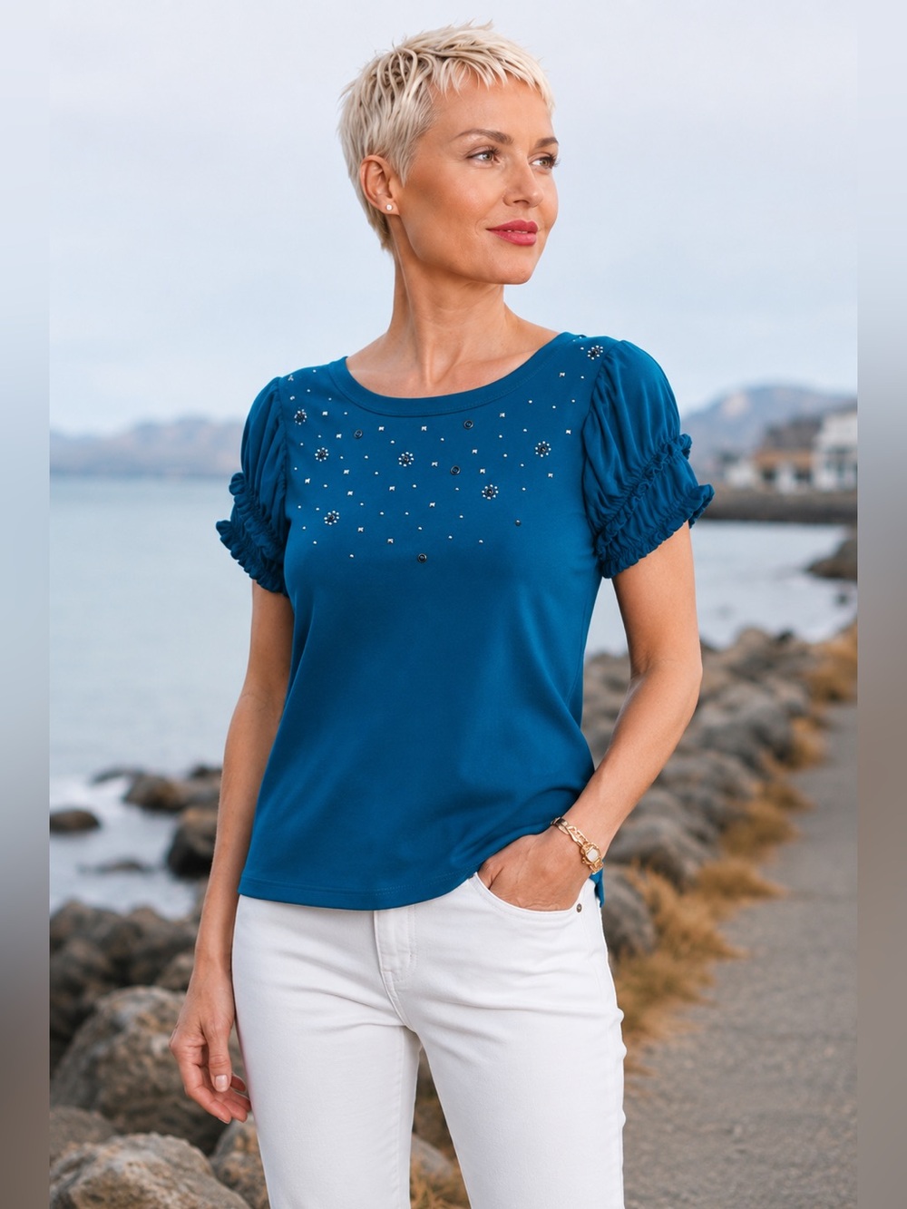 NWT Karl Lagerfeld Paris Teal Embellished Puff Sleeve Top XS